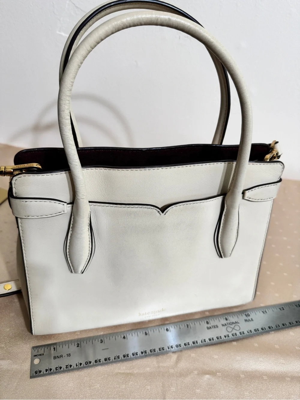 Kate Spade Cream Leather Top-Handle Satchel Bag with crossbody shoulder strap